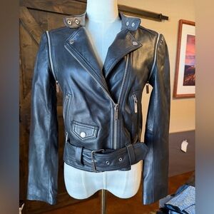 Micheal Kors Black Leather Moto Jacket with Belt
